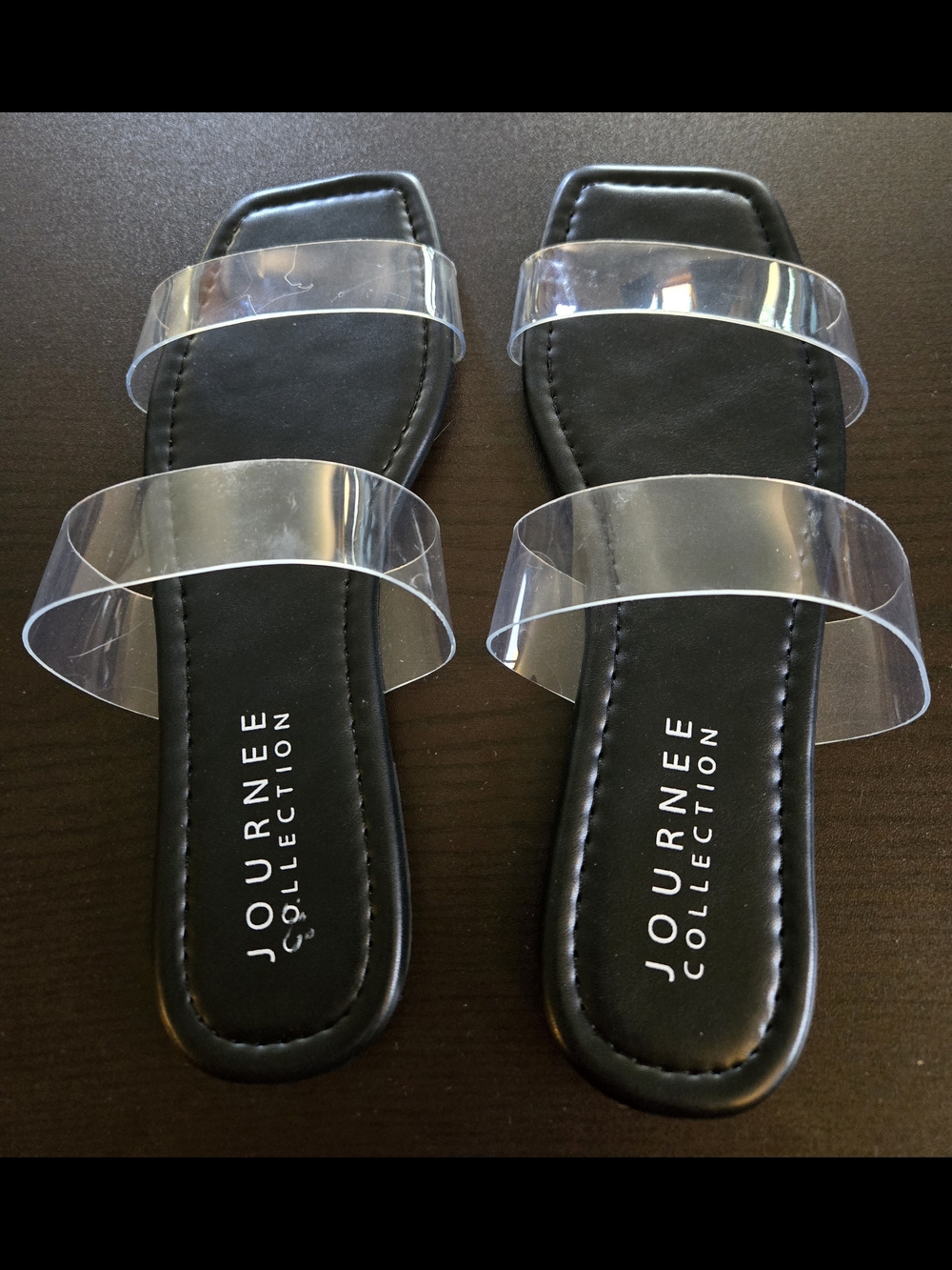 Journee Collection Black Slide Square Toe Sandals with Clear Straps